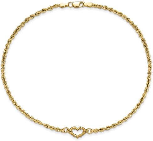 14K Yellow Gold Diamond-cut Open Heart Rope Chain Anklet 9" to 11" in Saudi Arabia