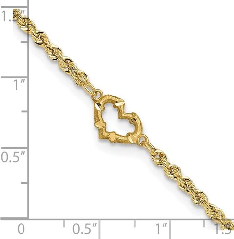 14K Yellow Gold Diamond-cut Open Heart Rope Chain Anklet 9" to 11" in Saudi Arabia