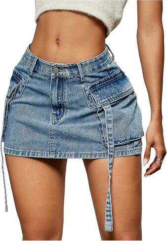 WDIRARA Women's Y2k Denim Cargo Mini Skirt High Waisted Bodycon Jean Skirts Party Clubwear in Saudi Arabia