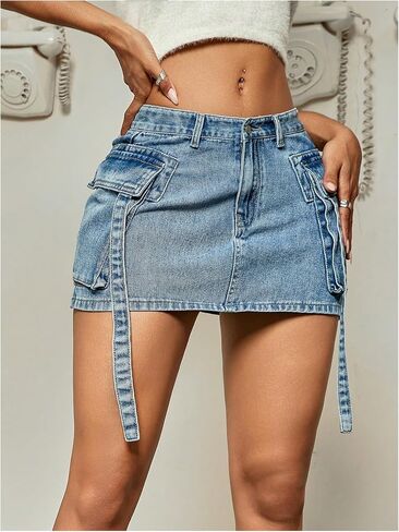 WDIRARA Women's Y2k Denim Cargo Mini Skirt High Waisted Bodycon Jean Skirts Party Clubwear in Saudi Arabia