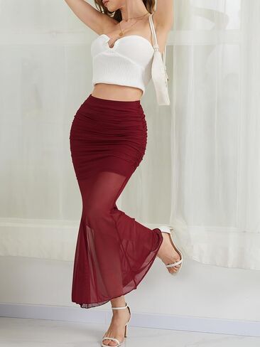 NASHALYLY Women's Ruched Mermaid Mesh Long Skirt High Waisted Bodycon Fishtail Maxi Skirts 2025 Trendy in Kuwait