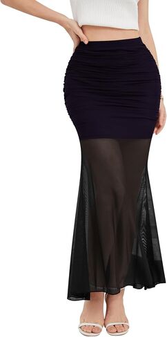 NASHALYLY Women's Ruched Mermaid Mesh Long Skirt High Waisted Bodycon Fishtail Maxi Skirts 2025 Trendy in Kuwait