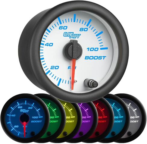 GlowShift White 7 Color 100 PSI Turbo Boost Gauge Kit - Includes Mechanical Hose & Fittings - White Dial - Clear Lens - for Diesel Trucks - 2-1/16" 52mm in Saudi Arabia