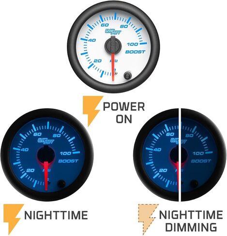 GlowShift White 7 Color 100 PSI Turbo Boost Gauge Kit - Includes Mechanical Hose & Fittings - White Dial - Clear Lens - for Diesel Trucks - 2-1/16" 52mm in Saudi Arabia