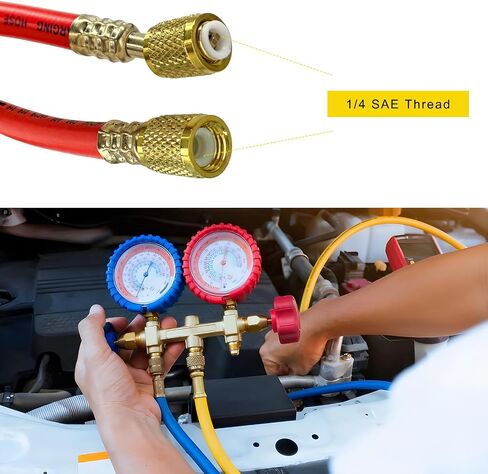 Refrigerant Charging Hose, 1/4 SAE Thread 2.95 Ft Length 600PSI Tube HVAC Vacuum Hose, R134A R410A R22 Charging Tube for Car Home Air Conditioner Refrigeration Maintenance (Yellow) in Saudi Arabia