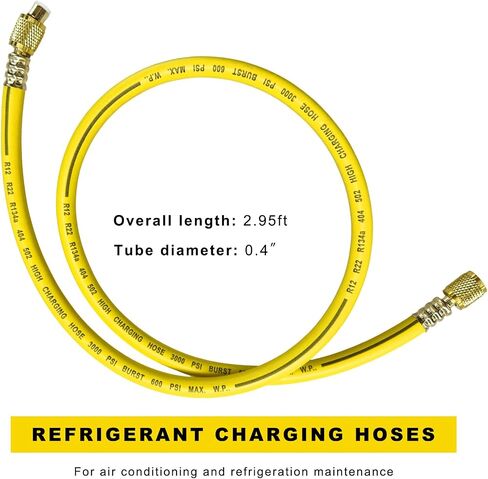 Refrigerant Charging Hose, 1/4 SAE Thread 2.95 Ft Length 600PSI Tube HVAC Vacuum Hose, R134A R410A R22 Charging Tube for Car Home Air Conditioner Refrigeration Maintenance (Yellow) in Saudi Arabia