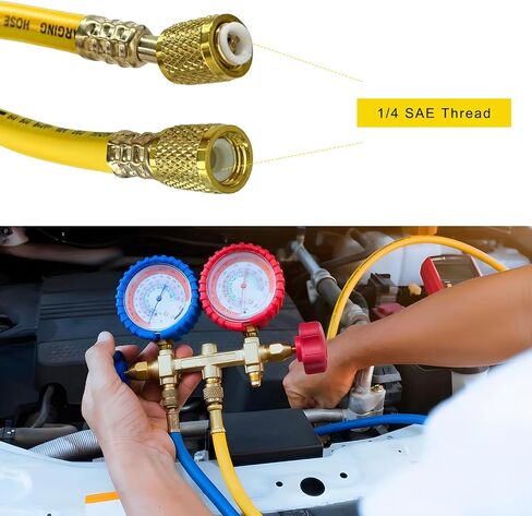 Refrigerant Charging Hose, 1/4 SAE Thread 2.95 Ft Length 600PSI Tube HVAC Vacuum Hose, R134A R410A R22 Charging Tube for Car Home Air Conditioner Refrigeration Maintenance (Yellow) in Saudi Arabia
