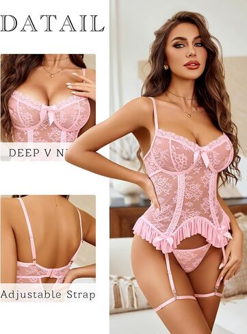 Avidlove Lingerie Set for Plus Size Women Lace Up Corset Bodysuit Underwire Lace Babydoll With Garter Belt (Pink, X-Large) in Saudi Arabia