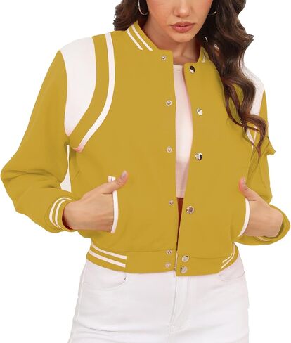 Womens Bomber Varsity Jacket Casual Long Sleeve Letterman Shacket Button Down Cropped Baseball Outerwear in Saudi Arabia