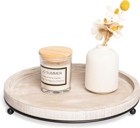 GENMOUS 12in Decorative Tray - White Wood Iron Bead Round Tray for Coffee Table, Rustic Farmhouse Centerpiece for Living Room, Kitchen Table Dining Decor in Saudi Arabia