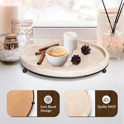 GENMOUS 12in Decorative Tray - White Wood Iron Bead Round Tray for Coffee Table, Rustic Farmhouse Centerpiece for Living Room, Kitchen Table Dining Decor in Saudi Arabia