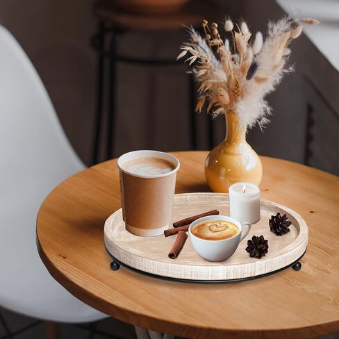 GENMOUS 12in Decorative Tray - White Wood Iron Bead Round Tray for Coffee Table, Rustic Farmhouse Centerpiece for Living Room, Kitchen Table Dining Decor in Saudi Arabia
