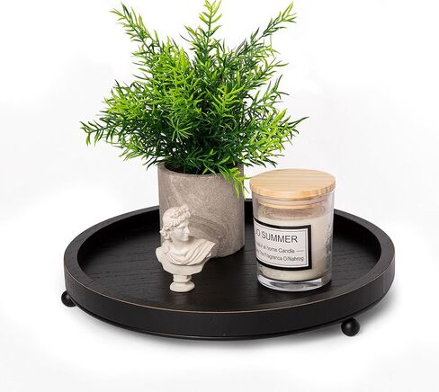 GENMOUS 12in Decorative Tray - White Wood Iron Bead Round Tray for Coffee Table, Rustic Farmhouse Centerpiece for Living Room, Kitchen Table Dining Decor in Kuwait