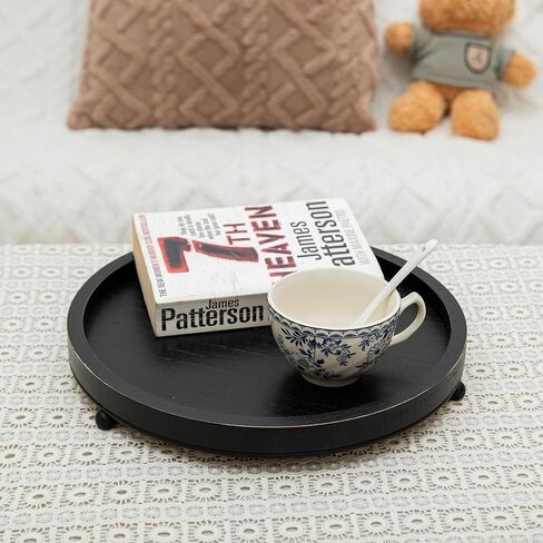 GENMOUS 12in Decorative Tray - White Wood Iron Bead Round Tray for Coffee Table, Rustic Farmhouse Centerpiece for Living Room, Kitchen Table Dining Decor in Kuwait