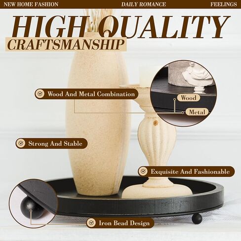 GENMOUS 12in Decorative Tray - White Wood Iron Bead Round Tray for Coffee Table, Rustic Farmhouse Centerpiece for Living Room, Kitchen Table Dining Decor in Kuwait