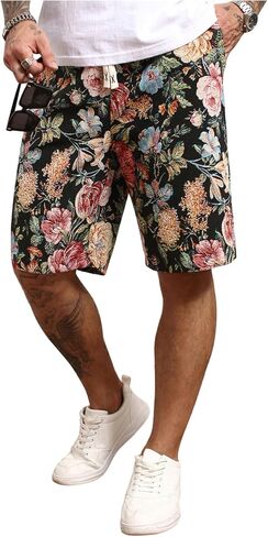 Men's Vintage Floral Jacquard Bermuda Shorts Drawstring Waist Summer Vacation Casual Shorts with Pockets in Saudi Arabia