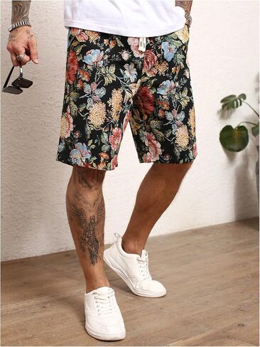 Men's Vintage Floral Jacquard Bermuda Shorts Drawstring Waist Summer Vacation Casual Shorts with Pockets in Saudi Arabia
