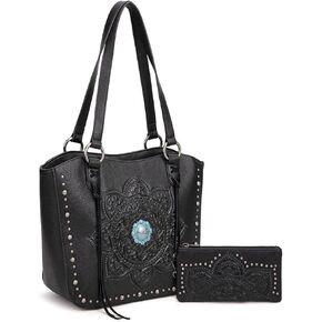 Montana West Western Tooling Tote Bag with Wallet Set for Women Vintage Studded Top Handle Shoulder Handbag in Saudi Arabia