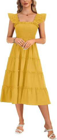 Rooscier Women's Square Neck Smocked Ruffle Sleeveless Sundress Tiered A Line Midi Dress in Kuwait