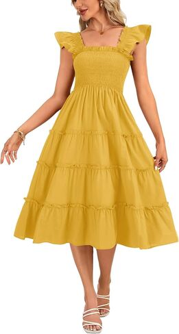 Rooscier Women's Square Neck Smocked Ruffle Sleeveless Sundress Tiered A Line Midi Dress in Kuwait