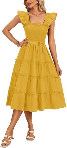 Rooscier Women's Square Neck Smocked Ruffle Sleeveless Sundress Tiered A Line Midi Dress in Kuwait