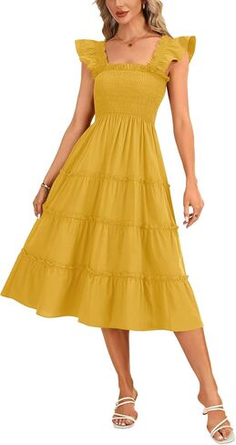 Rooscier Women's Square Neck Smocked Ruffle Sleeveless Sundress Tiered A Line Midi Dress in Kuwait