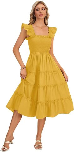 Rooscier Women's Square Neck Smocked Ruffle Sleeveless Sundress Tiered A Line Midi Dress in Kuwait