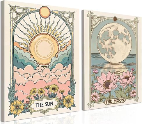 Sun and Moon Senestial Wall Art Set من 2 ، تارو تارو التنجيم ديكور الجدار ، زهرة الشمس وملصقات القمر اللوتس ملصق اللوحة المطبوعات صورة لغرفة نوم غرفة المعيشة 12x16 بوصة in Kuwait