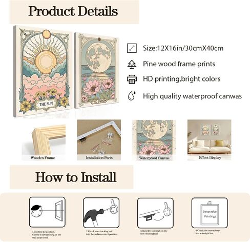 Sun and Moon Senestial Wall Art Set من 2 ، تارو تارو التنجيم ديكور الجدار ، زهرة الشمس وملصقات القمر اللوتس ملصق اللوحة المطبوعات صورة لغرفة نوم غرفة المعيشة 12x16 بوصة in Kuwait