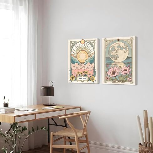 Sun and Moon Senestial Wall Art Set من 2 ، تارو تارو التنجيم ديكور الجدار ، زهرة الشمس وملصقات القمر اللوتس ملصق اللوحة المطبوعات صورة لغرفة نوم غرفة المعيشة 12x16 بوصة in Kuwait