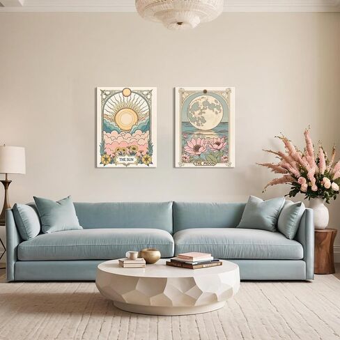 Sun and Moon Senestial Wall Art Set من 2 ، تارو تارو التنجيم ديكور الجدار ، زهرة الشمس وملصقات القمر اللوتس ملصق اللوحة المطبوعات صورة لغرفة نوم غرفة المعيشة 12x16 بوصة in Kuwait