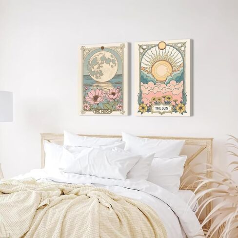 Sun and Moon Senestial Wall Art Set من 2 ، تارو تارو التنجيم ديكور الجدار ، زهرة الشمس وملصقات القمر اللوتس ملصق اللوحة المطبوعات صورة لغرفة نوم غرفة المعيشة 12x16 بوصة in Kuwait