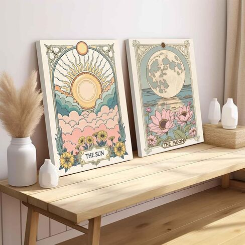 Sun and Moon Senestial Wall Art Set من 2 ، تارو تارو التنجيم ديكور الجدار ، زهرة الشمس وملصقات القمر اللوتس ملصق اللوحة المطبوعات صورة لغرفة نوم غرفة المعيشة 12x16 بوصة in Kuwait