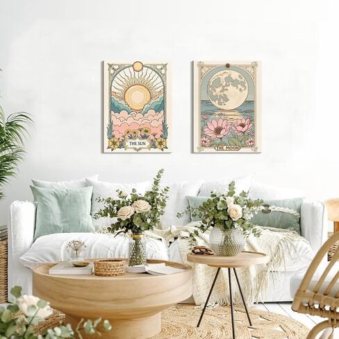 Sun and Moon Senestial Wall Art Set من 2 ، تارو تارو التنجيم ديكور الجدار ، زهرة الشمس وملصقات القمر اللوتس ملصق اللوحة المطبوعات صورة لغرفة نوم غرفة المعيشة 12x16 بوصة in Kuwait
