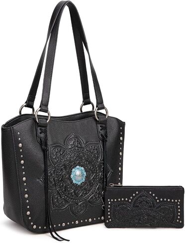 Montana West Western Tooling Tote Bag with Wallet Set for Women Vintage Studded Top Handle Shoulder Handbag in Saudi Arabia