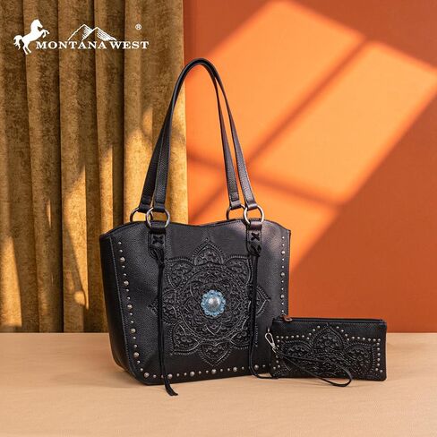 Montana West Western Tooling Tote Bag with Wallet Set for Women Vintage Studded Top Handle Shoulder Handbag in Saudi Arabia