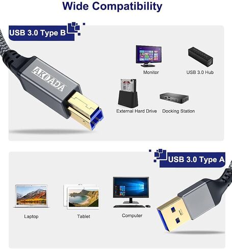 AkoaDa USB 3.0 Cable (10FT), Durable Nylon Braided USB A to USB B Cable Compatible with Printers, Monitor, Docking Station, External Hard Drivers, Scanner, Hub and More Devices(Grey) in Saudi Arabia