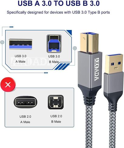 AkoaDa USB 3.0 Cable (10FT), Durable Nylon Braided USB A to USB B Cable Compatible with Printers, Monitor, Docking Station, External Hard Drivers, Scanner, Hub and More Devices(Grey) in Saudi Arabia