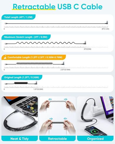SUNGUY Right Angle Coiled USB C Cable 3FT [2Pack], 90 Degree USB A to USB C Cable for Android Auto & Carplay, USB Type C Charging Cable for iPhone 16 15 Pro/Pro Max/Plus, Samsung Galaxy S24 S23 S22 in Kuwait