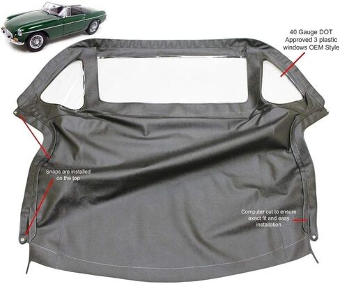 MGB Convertible Top with Zipper 3 Plastic Windows 1971-1980 Black Crush Grain Vinyl in Kuwait