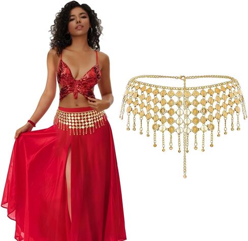 Women's Belly Dance Coin Chain Belt Dancing Hip Scarf Metal Gypsy Skirt Outfit For Halloween Costume Accessory in Kuwait