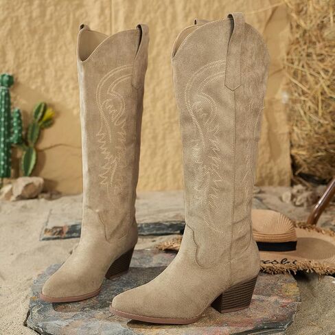 Wide calf cowboy boots women Embroidered Western Women's Knee-High Boots Pointed Toe Chunky Heel Cowgirl Boots in Saudi Arabia