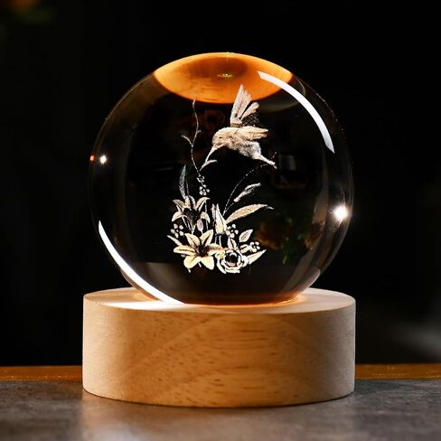 Ifolaina 3D Hummingbird Clastal Ball with Wooden Light Base 2.36 "محفور الطنان الزجاجي الزجاجي ديكور الهدايا الطنانة للنساء عشاق الأصدقاء in Kuwait
