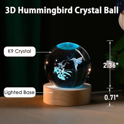 Ifolaina 3D Hummingbird Clastal Ball with Wooden Light Base 2.36 "محفور الطنان الزجاجي الزجاجي ديكور الهدايا الطنانة للنساء عشاق الأصدقاء in Kuwait