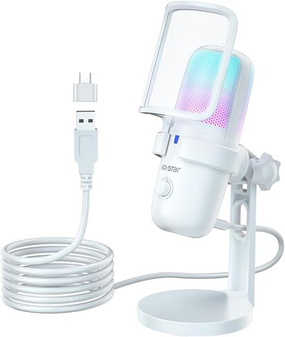 ميكروفون ألعاب USB للكمبيوتر الشخصي ، MIC PC Podcasts MIC لـ PS4/ PS5/ MAC ، ميكروفون المكثف مع كتم الصوت السريع ، مصباح RGB ، مرشح البوب ​​، التقط الصوت من جميع الاتجاه ، صدمة للتسجيل （أبيض） in Kuwait