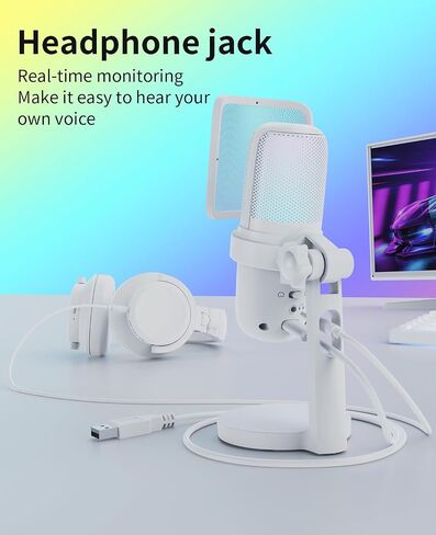 ميكروفون ألعاب USB للكمبيوتر الشخصي ، MIC PC Podcasts MIC لـ PS4/ PS5/ MAC ، ميكروفون المكثف مع كتم الصوت السريع ، مصباح RGB ، مرشح البوب ​​، التقط الصوت من جميع الاتجاه ، صدمة للتسجيل （أبيض） in Kuwait
