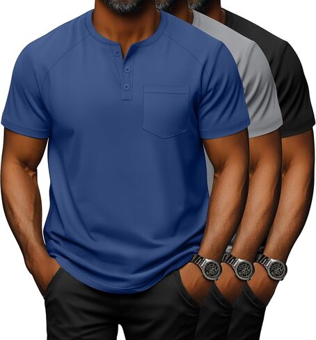 3 Pack Men's Big and Tall Henley T-Shirts, Cotton Short Sleeve Raglan Pullover Summer Basic Tee Tops with Pocket in Kuwait