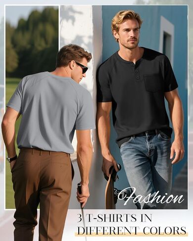 3 Pack Men's Big and Tall Henley T-Shirts, Cotton Short Sleeve Raglan Pullover Summer Basic Tee Tops with Pocket in Kuwait