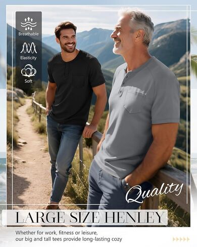 3 Pack Men's Big and Tall Henley T-Shirts, Cotton Short Sleeve Raglan Pullover Summer Basic Tee Tops with Pocket in Kuwait