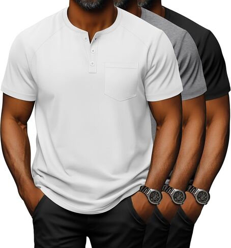 3 Pack Men's Big and Tall Henley T-Shirts, Cotton Short Sleeve Raglan Pullover Summer Basic Tee Tops with Pocket in Kuwait